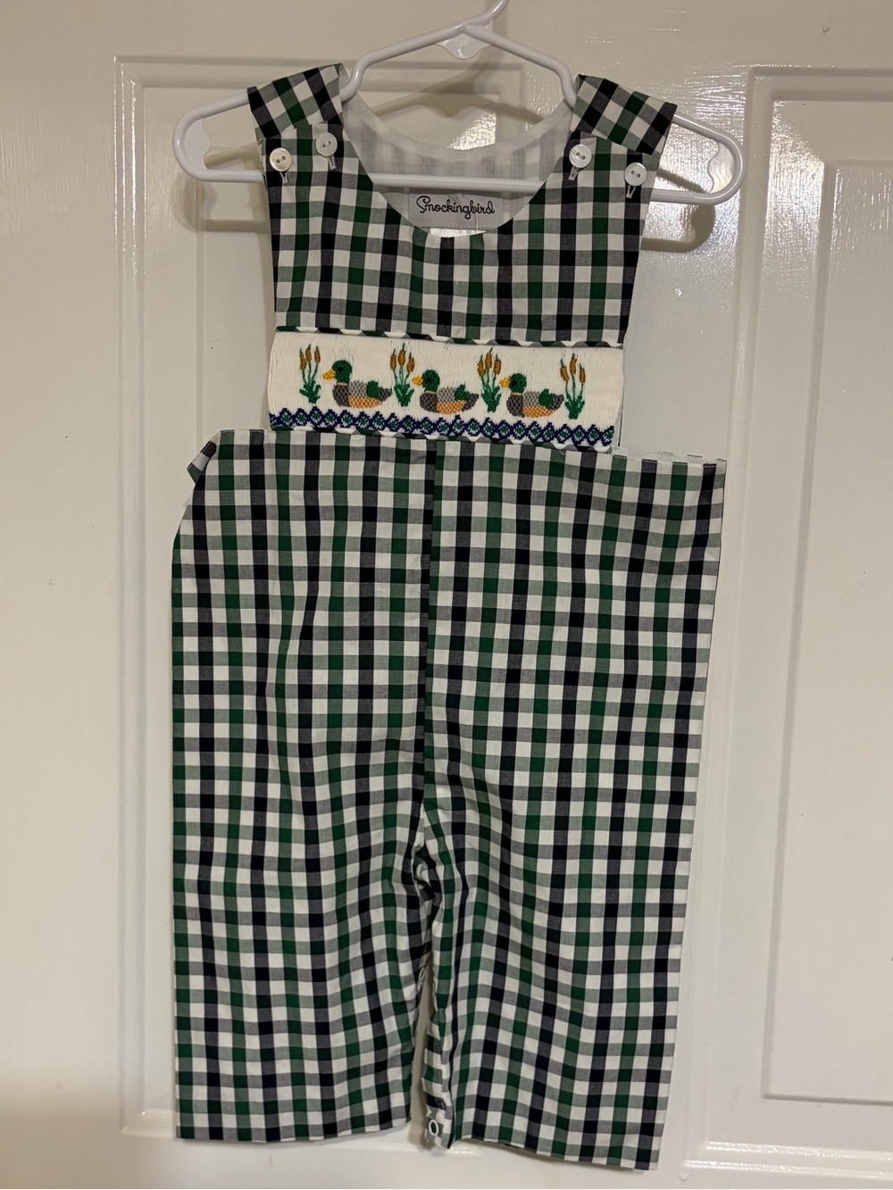 Smockingbird Boy's Green & Blue Plaid Longall/Romper w/Duck Smocking Size 12M